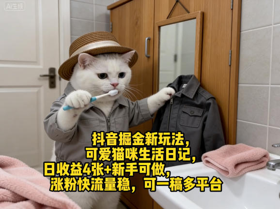 抖音掘金新玩法，可爱猫咪生活日记，日收益4张+新手可做，涨粉快流量稳，可一稿多平台-最全项目网