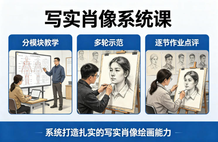 写实肖像系统课，全程分模块教学+多轮示范+逐节作业点评，系统打造扎实的写实肖像绘画能力-最全项目网