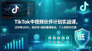 TikTok中视频伙伴计划实战课,过中率100%,低封号+播放量賺收益,个人矩阵均可做-最全项目网