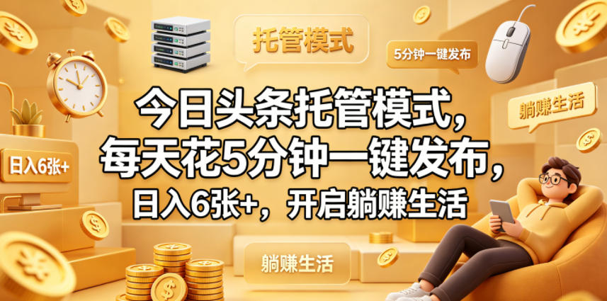 今日头条托管模式，每天花5分钟一键发布，日入6张+，开启躺賺生活【揭秘】-最全项目网