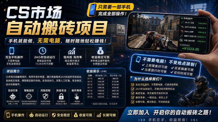 手机即可操作的CS市场自动搬砖系统｜自动监控｜自动下单|日入300+【揭秘】-最全项目网