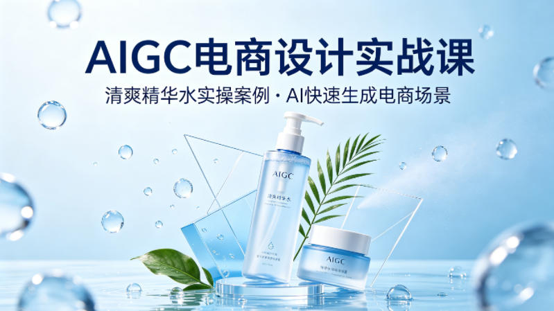 AIGC电商设计实战课，以清爽精华水为实操案例，教你用AI快速生成电商场景-最全项目网