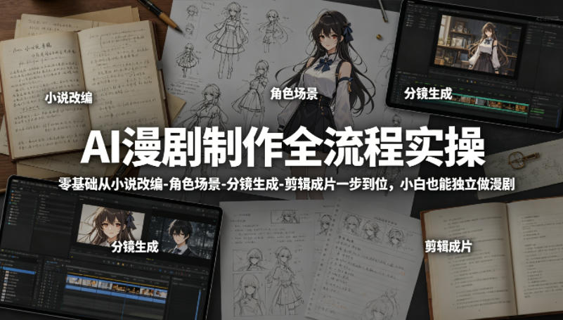 AI漫剧制作全流程实操，零基础从小说改编-角色场景-分镜生成-剪辑成片一步到位，小白也能独立做漫剧-最全项目网