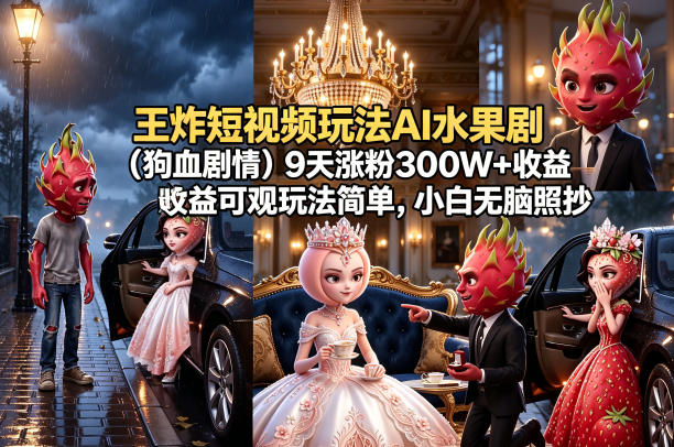 王炸短视频玩法AI水果剧（狗血剧情）9天涨粉300W+收益可观玩法简单，小白无脑照抄，详细拆解玩法-最全项目网