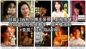 抖音53W粉丝博主亲授｜影视情绪共鸣混剪短视频教学，低门槛涨粉+变现，轻松月入1W+-最全项目网