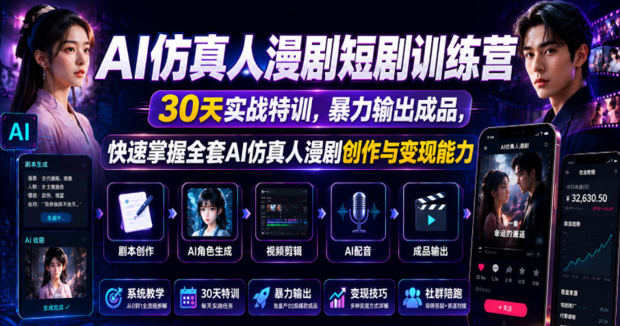 AI仿真人漫剧短剧训练营，30天实战特训，暴力输出成品，快速掌握全套AI仿真人漫剧创作与变现能力-最全项目网