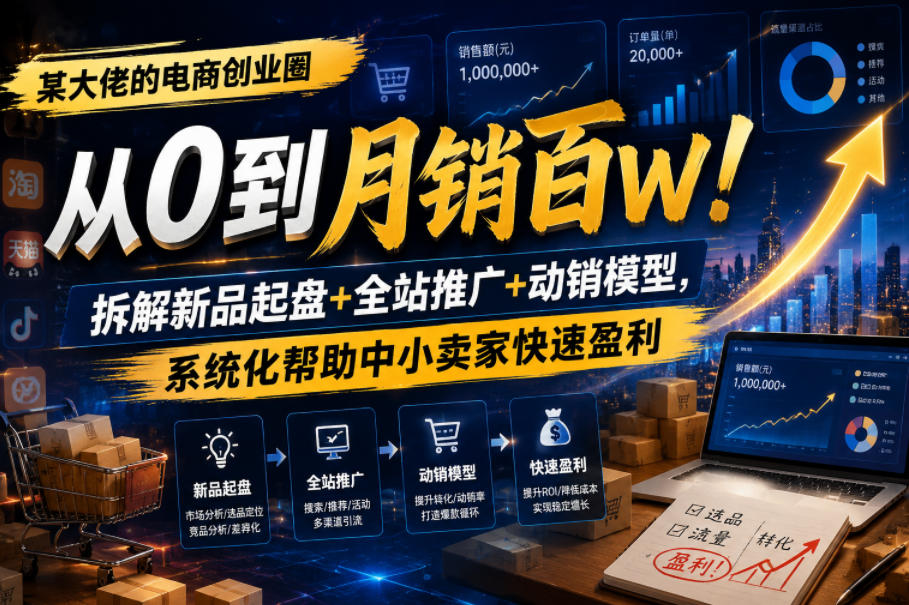 某大佬的电商创业圈从0到月销百W！拆解新品起盘+全站推广+动销模型，系统化帮助中小卖家快速盈利-最全项目网