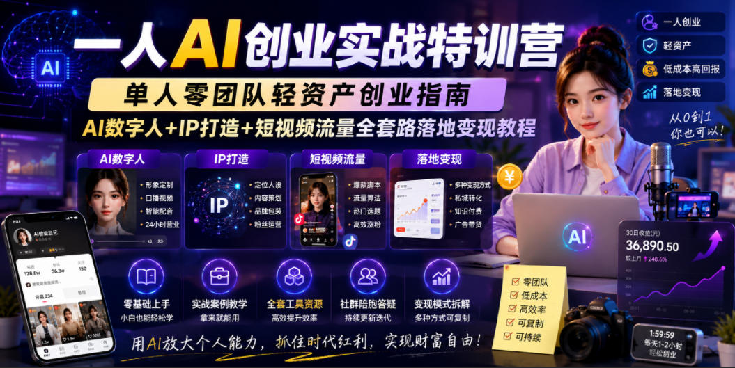 一人AI创业实战特训营，单人零团队轻资产创业指南，AI数字人+IP打造+短视频流量全套路落地变现教程-最全项目网