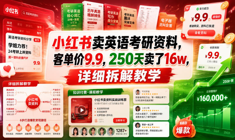 小红书卖英语考研资料，客单价9.9，250天卖了16w，详细拆解教学-最全项目网