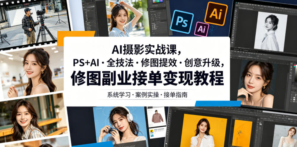 AI摄影实战课，PS+AI・全技法・修图提效・创意升级，修图副业接单变现教程-最全项目网