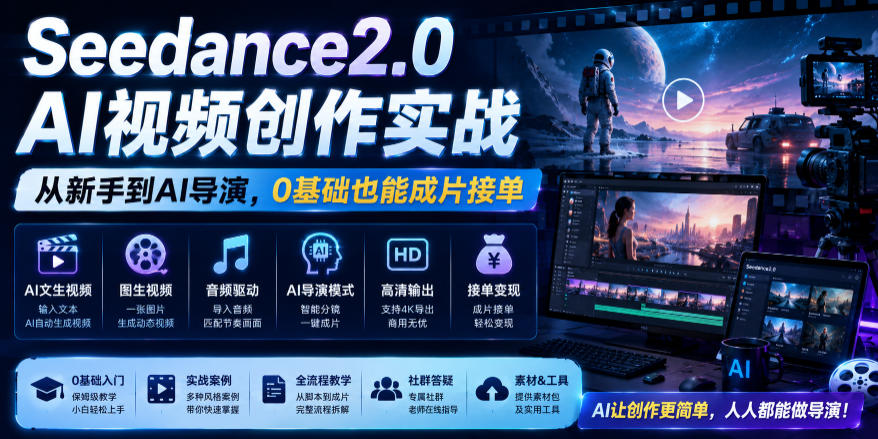 Seedance2.0 AI视频创作实战，从新手到AI导演，0基础也能成片接单变现-最全项目网
