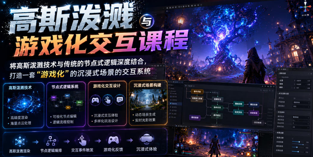 高斯泼溅与游戏化交互课程，将高斯泼溅技术与传统的节点式逻辑深度结合，打造一套“游戏化”的沉浸式场景的交互系统-最全项目网