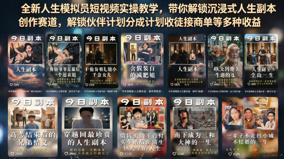 全新人生模拟员短视频实操教学，带你解锁沉浸式人生副本创作赛道，解锁伙伴计划分成计划收徒接商单等多种收益-最全项目网