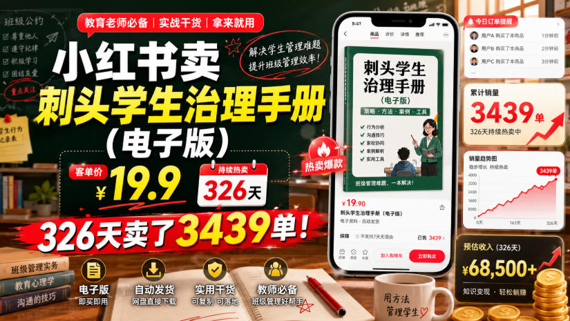 小红书卖刺头学生治理手册（电子版），客单价19.9，326天卖了3439单！-最全项目网