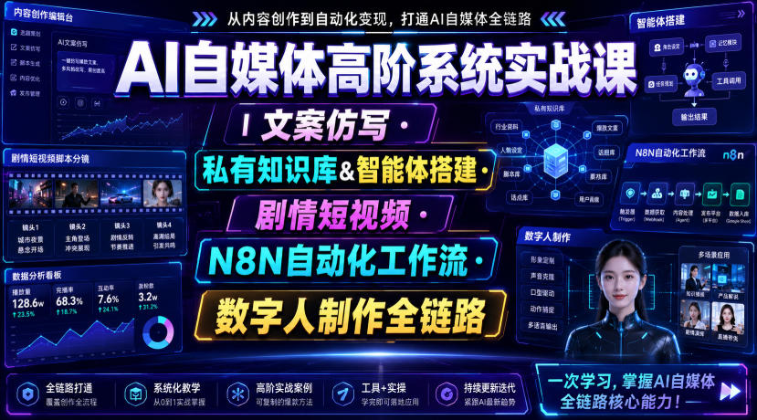 AI自媒体高阶系统实战课｜文案仿写・私有知识库&智能体搭建・剧情短视频・N8N自动化工作流・数字人制作全链路-最全项目网