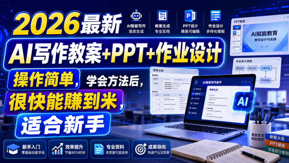 2026最新AI写作教案+PPT+作业设计，操作简单，学会方法后，很快能賺到米，适合新手-最全项目网