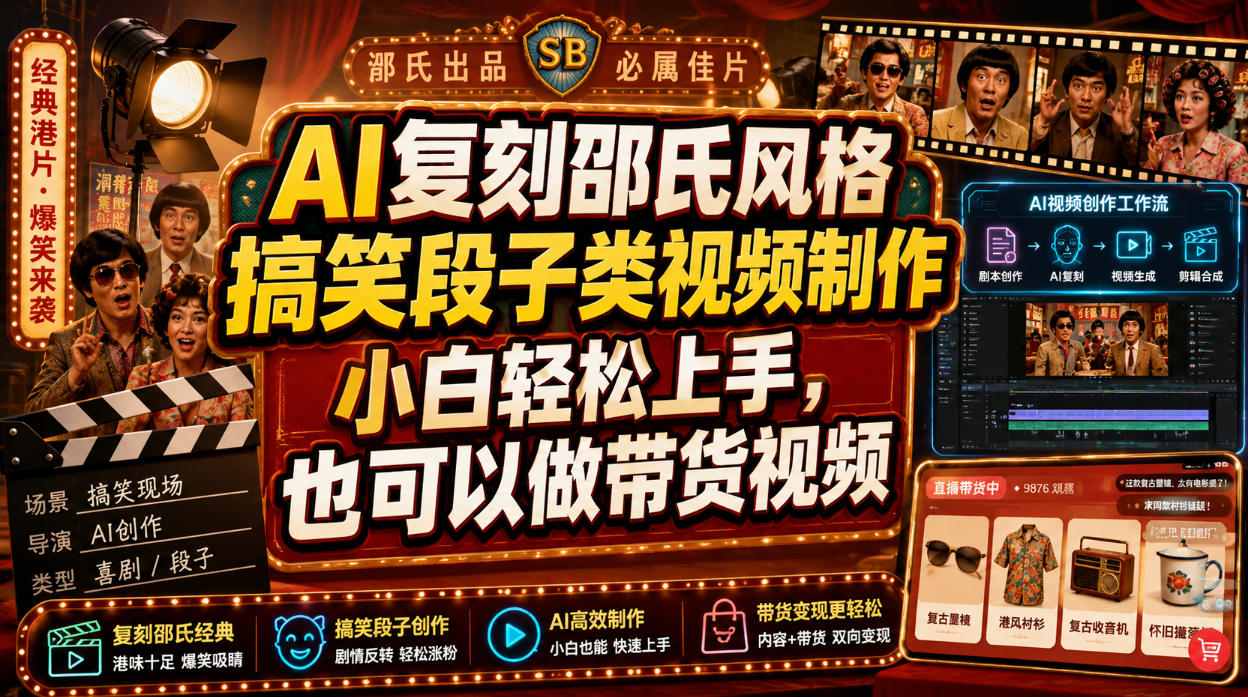 AI复刻邵氏风格搞笑段子类视频制作，小白轻松上手，也可以做带货视频-最全项目网