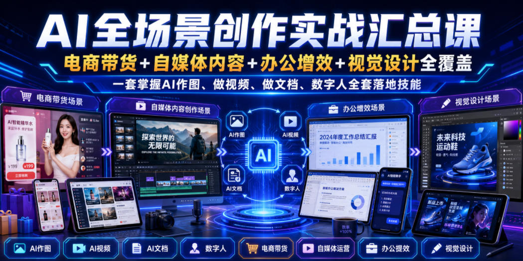 AI全场景创作实战汇总课｜电商带货+自媒体内容+办公增效+视觉设计全覆盖，一套掌握AI作图、做视频、做文档、数字人全套落地技能-最全项目网
