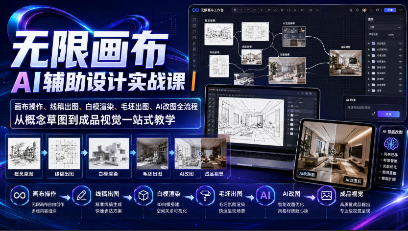 无限画布AI辅助设计实战课｜画布操作、线稿出图、白模渲染、毛坯出图、AI改图全流程，从概念草图到成品视觉一站式教学-最全项目网