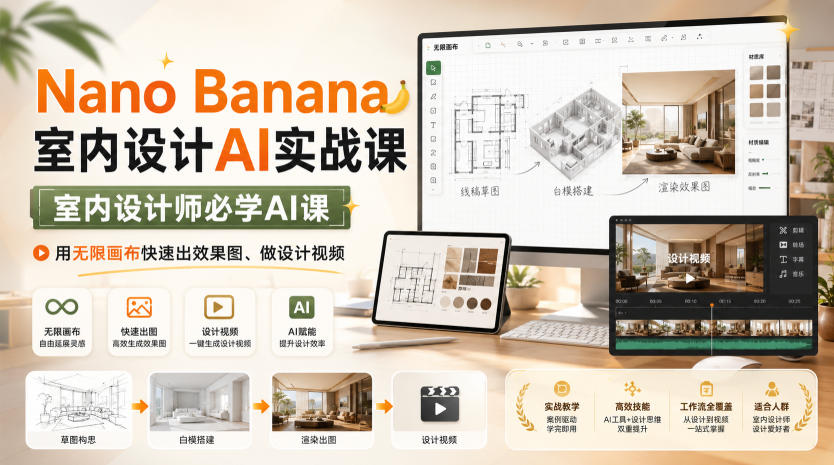 Nano Banana室内设计AI实战课，室内设计师必学AI课，用无限画布快速出效果图、做设计视频-最全项目网
