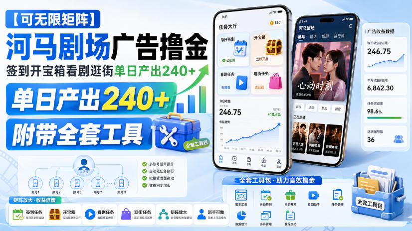 【可无限矩阵】河马剧场广告撸金，签到开宝箱看剧逛街单日产出240+，附带全套工具【揭秘】-最全项目网