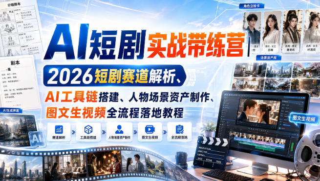 AI短剧实战带练营｜2026短剧赛道解析、AI工具链搭建、人物场景资产制作、图文生视频全流程落地教程-最全项目网