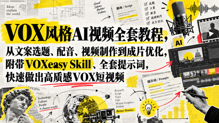 VOX风格AI视频全套教程，从文案选题、配音、视频制作到成片优化，附带VOXeasy Skill、全套提示词，快速做出高质感VOX短视频-最全项目网