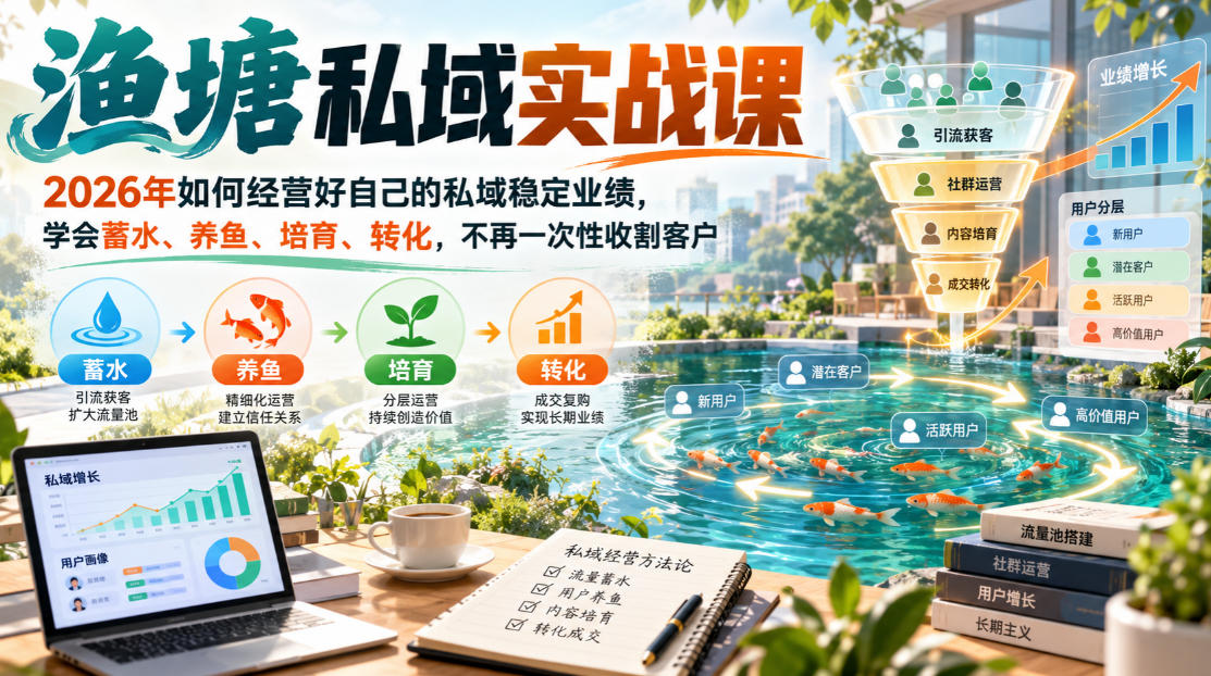 渔塘私域实战课，2026年如何经营好自己的私域稳定业绩，学会蓄水、养鱼、培育、转化，不再一次性收割客户-最全项目网