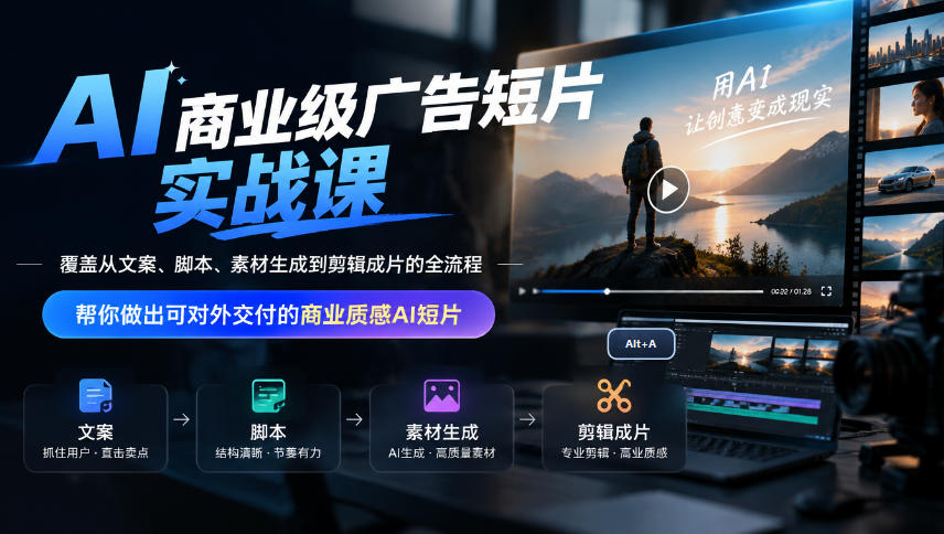 AI商业级广告短片实战课，覆盖从文案、脚本、素材生成到剪辑成片的全流程，帮你做出可对外交付的商业质感AI短片-最全项目网