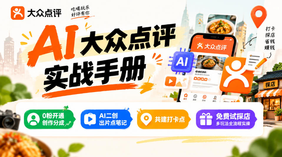 某局的AI大众点评实战手册，0粉开通创作分成、AI二创出片点笔记、共建打卡点、免费试探店多玩法全流程实操-最全项目网