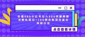价值980小红书日入300突破限制无限私信日+100创业粉项目适合所有行业-最全项目网