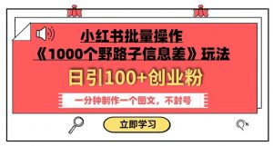 小红书批量操作《1000个野路子信息差》玩法,一分钟制作一个图文,不封号,日引100+创业粉-最全项目网
