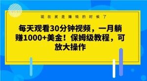 每天观看30分钟视频，一月躺赚1000+美金！保姆级教程，可放大操作【揭秘】-最全项目网
