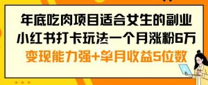 年底吃肉项目适合女生的副业小红书打卡玩法一个月涨粉6万+变现能力强+单月收益5位数【揭秘】-最全项目网