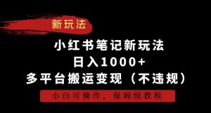 小红书笔记新玩法，日入1000+，多平台搬运变现（不违规），小白可操作，保姆级教程【揭秘】-最全项目网