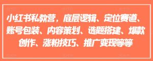 小红书私教营,底层逻辑、定位赛道、账号包装、内容策划、选题搭建、爆款创作、涨粉技巧、推广变现等等-最全项目网