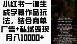 小红书一键生成字幕作品玩法,结合商单广告+私域变现月入1w+【揭秘】-最全项目网