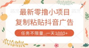 最新零撸小项目，复制粘贴抖音广告即可挣钱，平台大水，任务不限量，一天数张【揭秘】-最全项目网