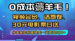 0成本薅羊毛!视频会员、话费卷、30元电影票白送,分享我如何靠转卖一天变现5张+【揭秘】-最全项目网