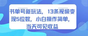 书单号新玩法,13条视频变现5位数,小白操作简单,当天可见收益-最全项目网