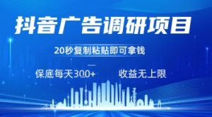 抖音广告调研项目，只需复制粘贴广告即可挣钱，任务不限量，一天稳定3张-最全项目网