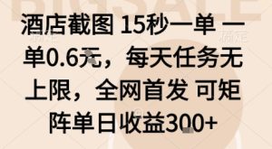 酒店截图15秒一单,一单0.6米,每天任务无上限,全网首发可矩阵单日收益3张【揭秘】-最全项目网