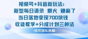 视频号加抖音新玩法:爆火新型每日语录,收徒教学加分成计划,三种变现玩法,当日变现7张-最全项目网