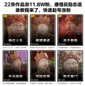 22条作品涨11.8W粉,唐僧反励志语录教程来了,快速起号涨粉-最全项目网