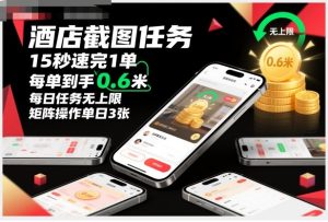酒店截图任务，15秒速完1单，每单到手0.6米，每日任务无上限，全网首发玩法，矩阵操作单日3张【揭秘】-最全项目网