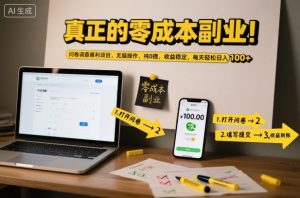 真正的零成本副业！问卷调查暴利项目，无脑操作，纯0撸，收益稳定，每天轻松日入100+【揭秘】-最全项目网