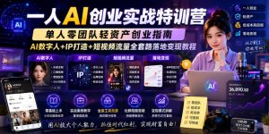 一人AI创业实战特训营，单人零团队轻资产创业指南，AI数字人+IP打造+短视频流量全套路落地变现教程-最全项目网
