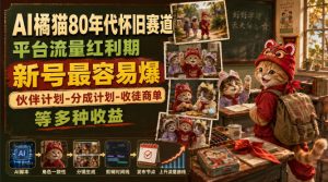 AI橘猫80年代怀旧赛道,平台流量红利期,新号最容易爆,伙伴计划-分成计划-收徒商单等多种收益-最全项目网