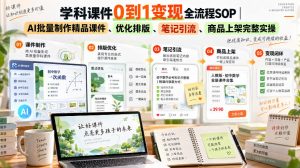 学科课件0到1变现全流程SOP|AI批量制作精品课件、优化排版、笔记引流、商品上架完整实操-最全项目网