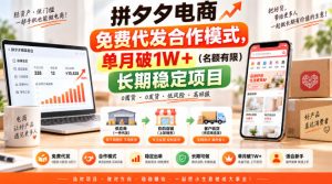拼夕夕电商免费代发合作模式,单月破1W+(名额有限)长期稳定项目【揭秘】-最全项目网